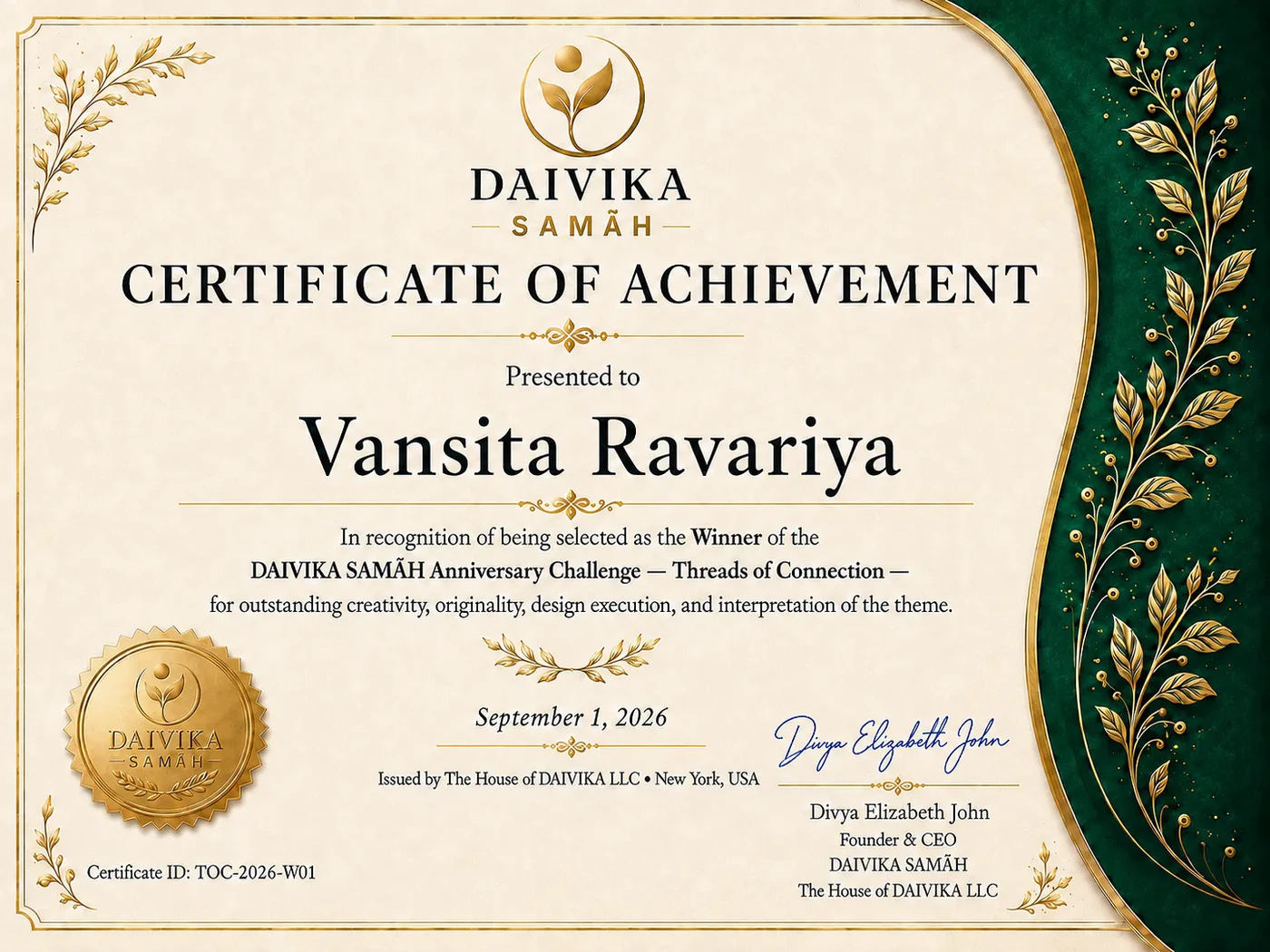 Certificate of achievement presented to Vansita Ravariya as the Threads of Connection winner