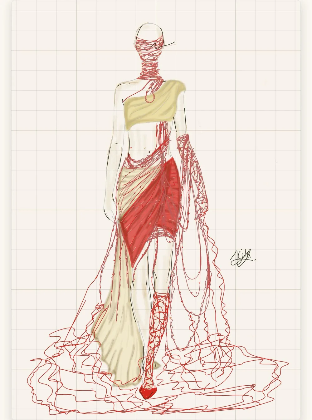 Vansita Ravariya's red and ivory fashion illustration for Threads of Connection